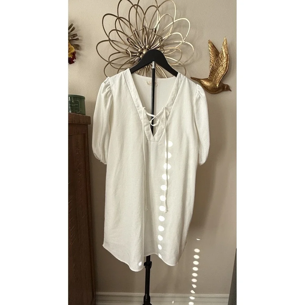 Chrysanthemum Linen Blend Mini‎ Dress Women M Ivory Puff Sleeve Lace Up Cottage